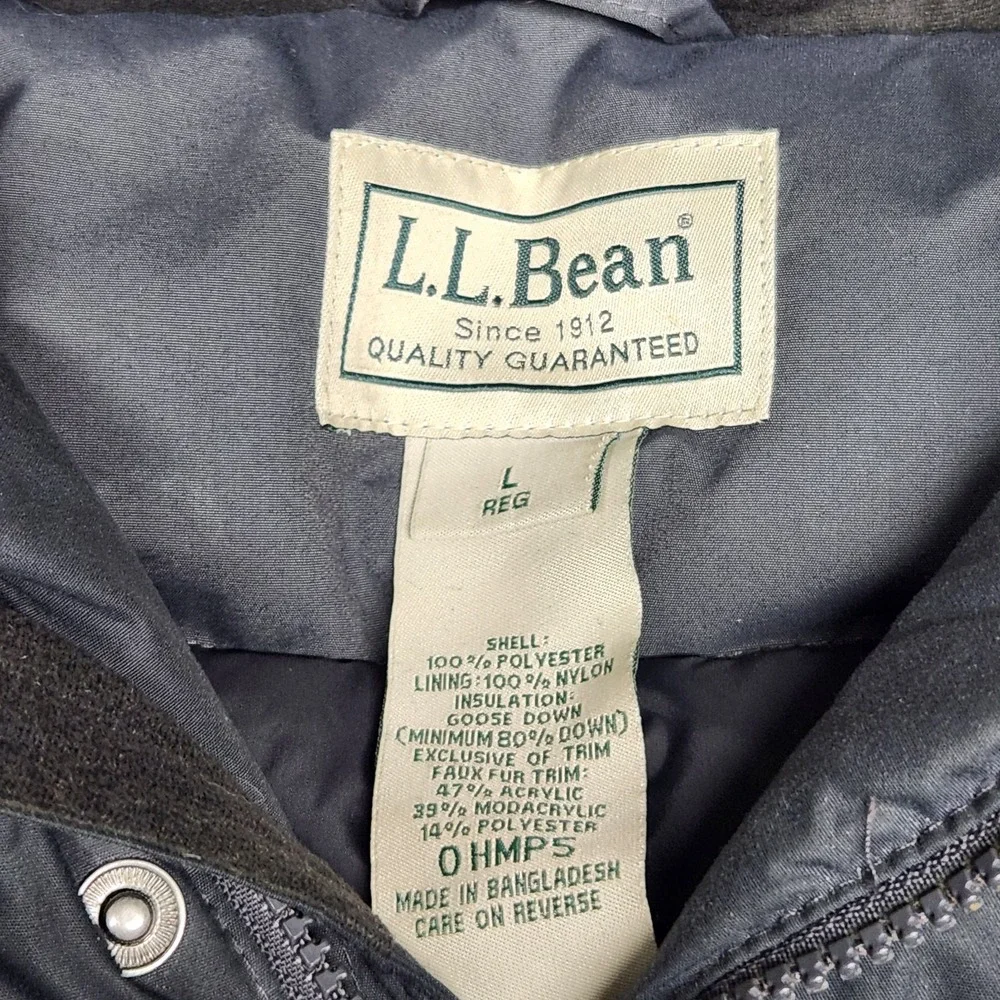 LL Bean Mens VTG Goose Down Faux Fur Hooded Gray Parka Quilted Puffer Large